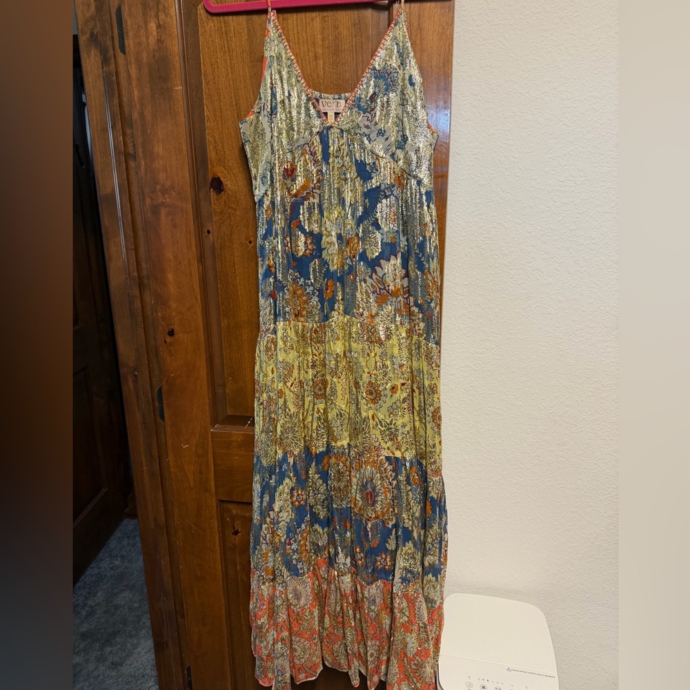 Anthropologie gold thread maxi dress